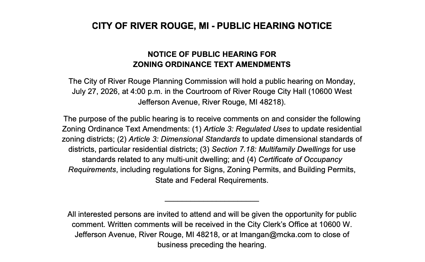 City of River Rouge Public Hearing July 27, 2026